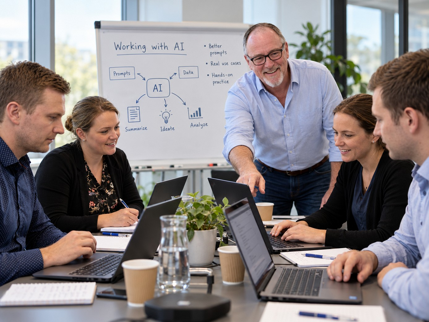 Russell Tayler leading a hands-on artificial intelligence workshop with employees working on laptop computers in a modern office